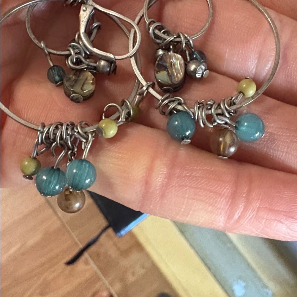 ABALONE SHELL AND BEADED DOUBLE SILVER LOOPED DROP DANGLE LEVERBACK 2.8"EARRINGS - Picture 3 of 10